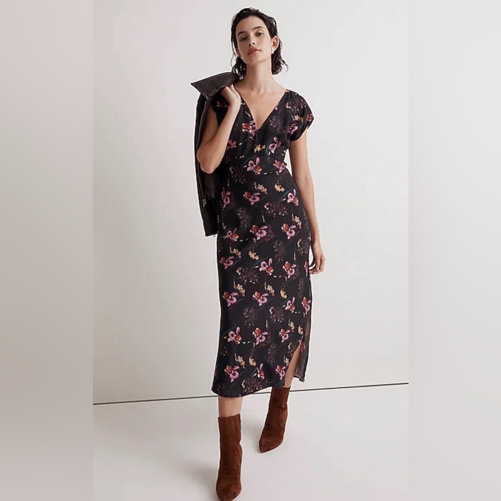 Madewell wide v neck midi dress in floral cupro blend NWT